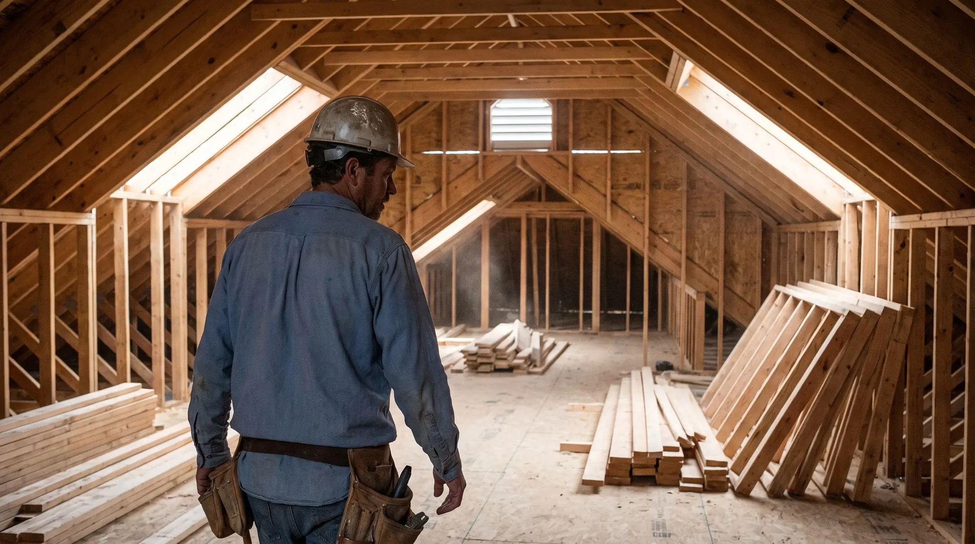 Builder in a hard hat walking through a framed attic with roof trusses and daylight at the gable (illustration)
