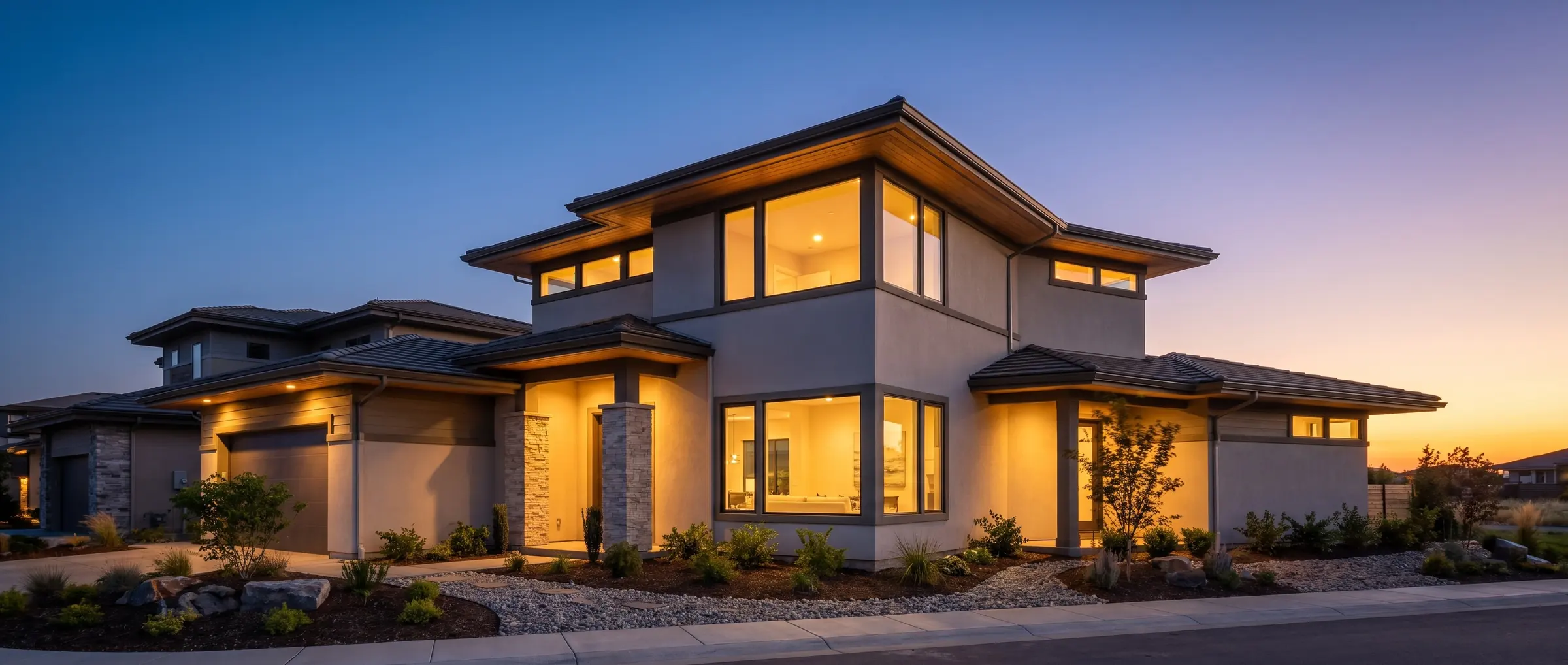 Contemporary two-story home at dusk in a new subdivision, wide view (illustration) Contemporary two-story home at dusk in a new subdivision, wide view (illustration)