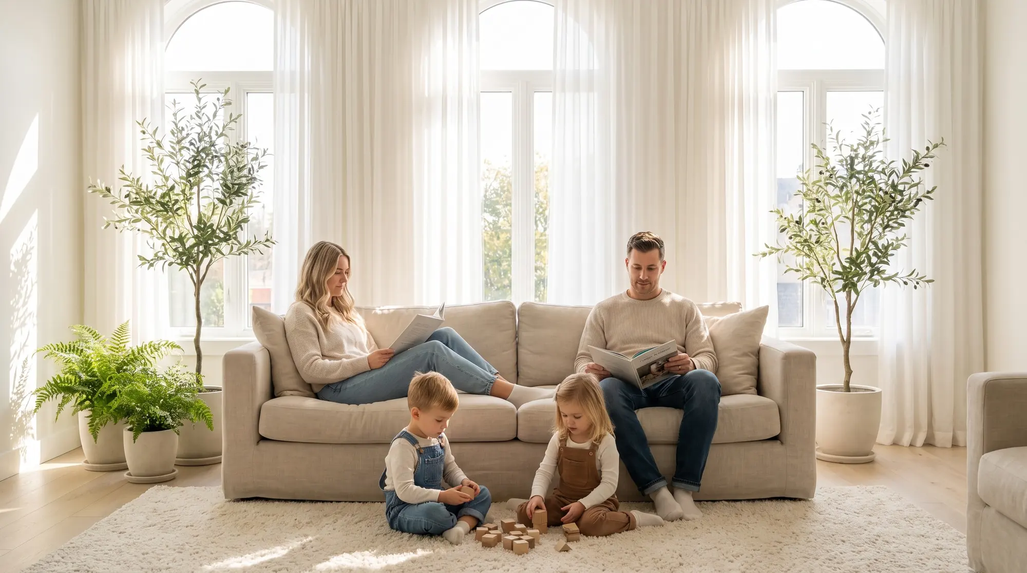 Family relaxing in a sunlit living room of a new home (illustration)