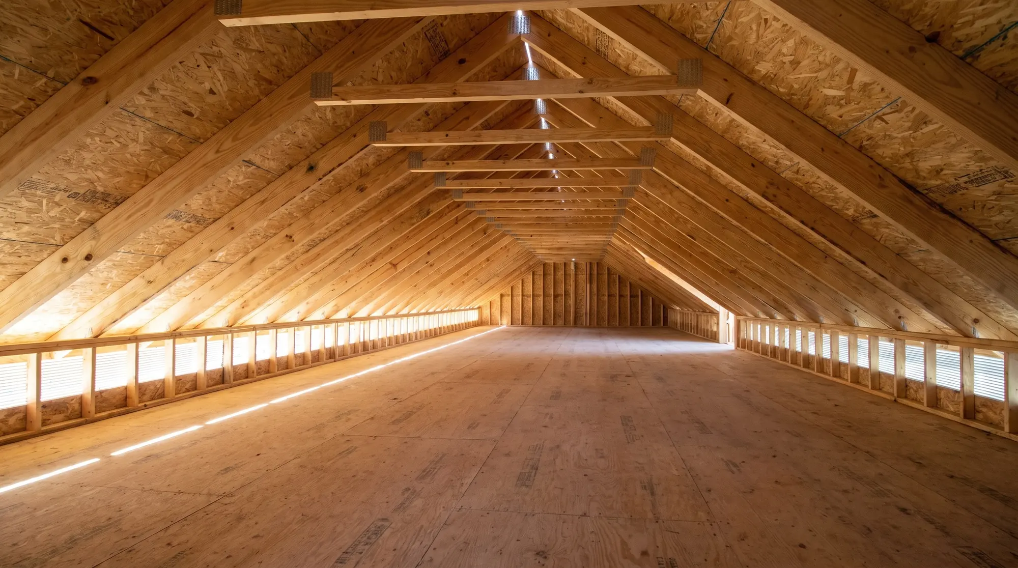 Empty framed attic with engineered trusses and daylight entering along the eaves from soffit vents (illustration) Empty framed attic with engineered trusses and daylight entering along the eaves from soffit vents (illustration)
