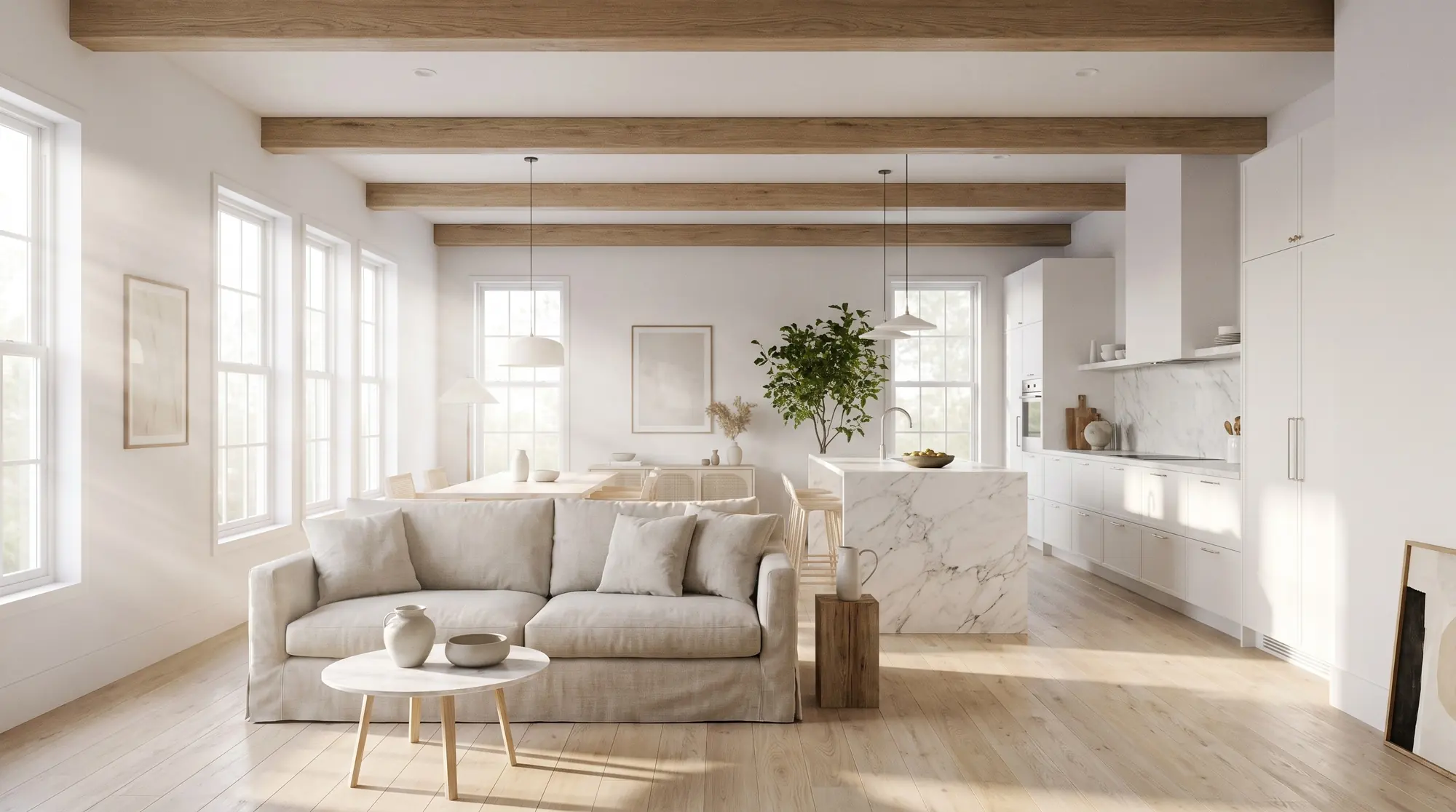 Bright, airy new-construction living room and kitchen with daylight through tall windows (illustration)