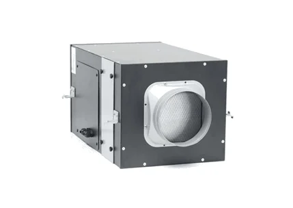 Suntell PIV 100NA attic ventilation unit seen from the other end, showing the built-in filter screen Suntell PIV 100NA attic ventilation unit seen from the other end, showing the built-in filter screen